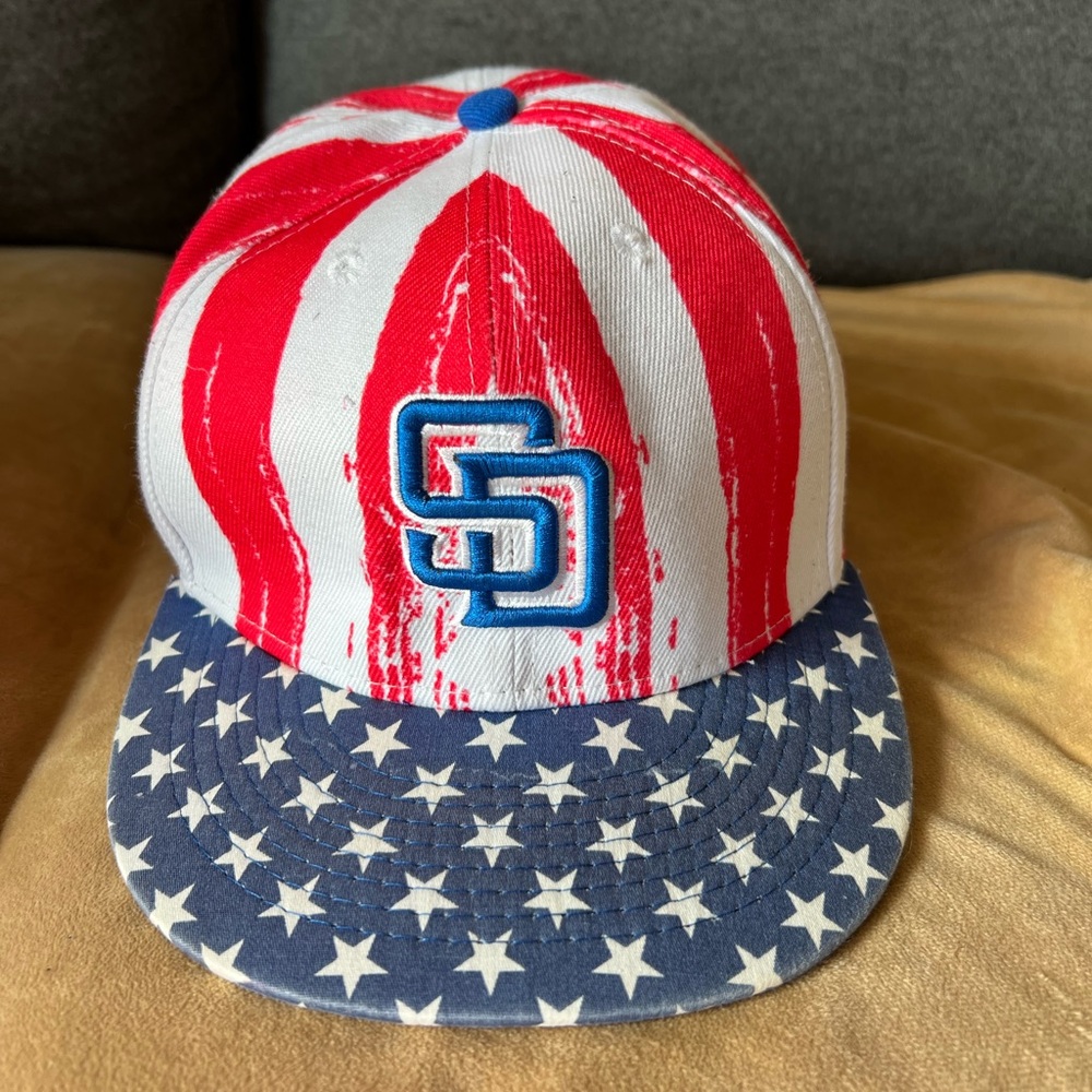 San Diego Padres 4th of July hat. Red and White Striped Cap with Blue Stars